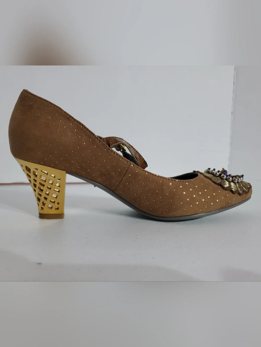 Poetic License Darla's Dream 6.5 Brown Mary Jane Heels Gold Embellishments - Picture 8 of 10